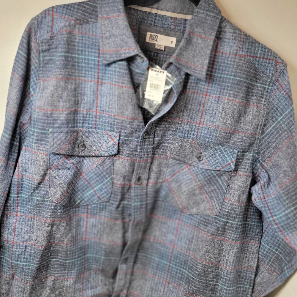 RSQ Collective Mens Indigo Heather Plaid Flannel Shirt RSQY220100 Blue Med NWT
